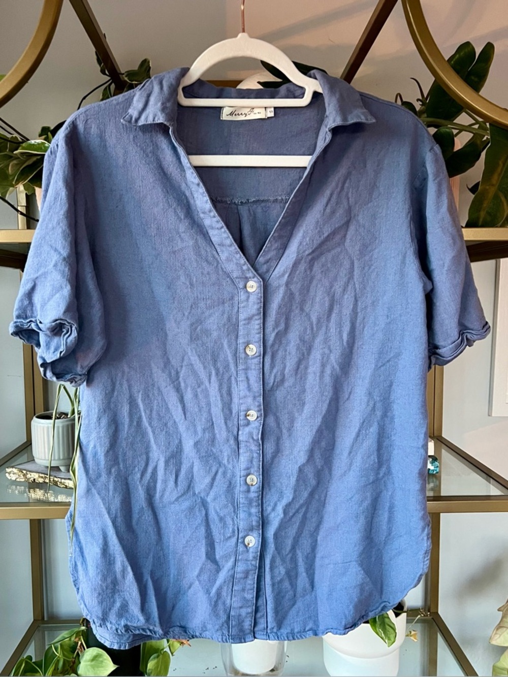 Merryfun Blue Linen Blend Button Front Short Sleeve Blouse in Size S